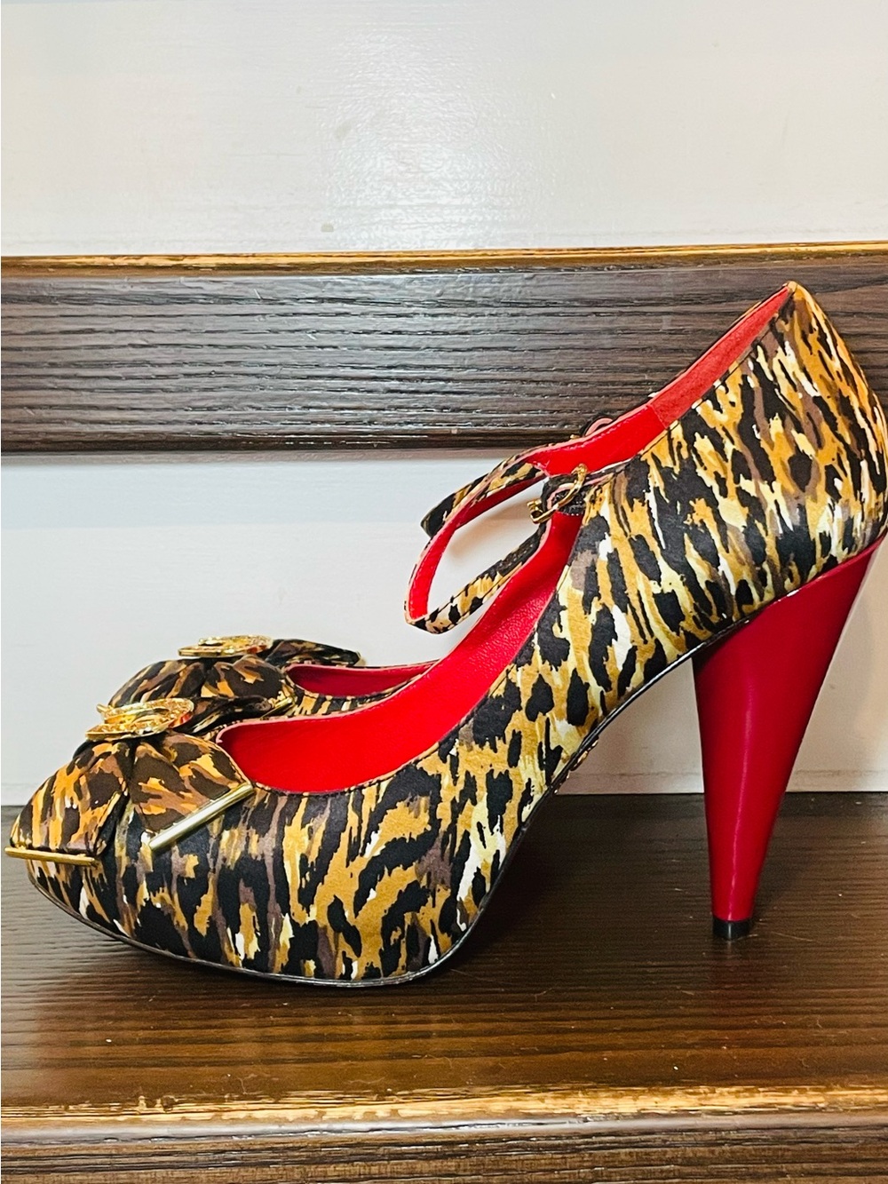 Betsey Johnson Leopard Print Mary Jane Pumps with Red Accents